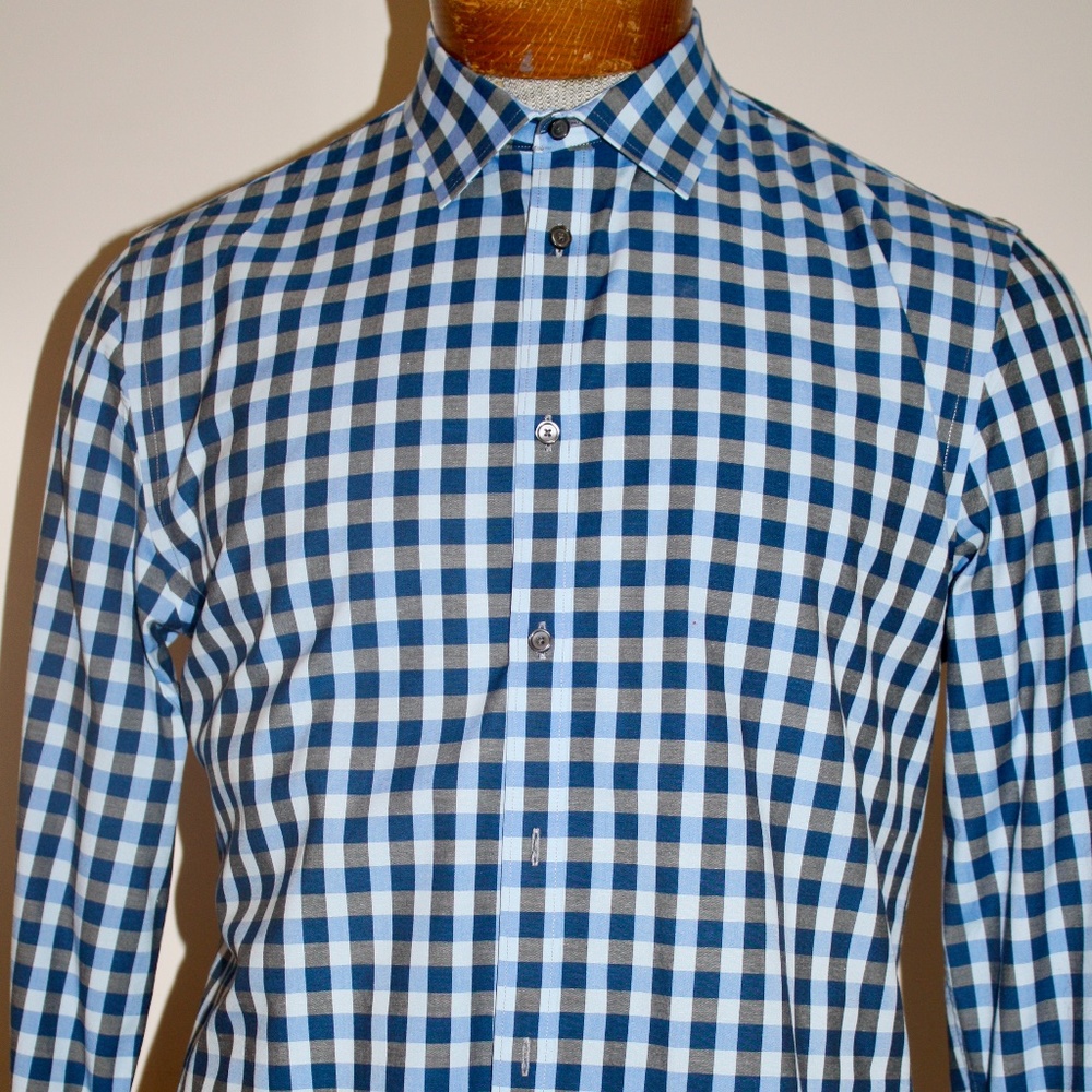 CALIBRATE SLIM FIT BLUE CHECK SPEAD COLLAR DRESS SHIRT MEDIUM 15.5 X 32/33